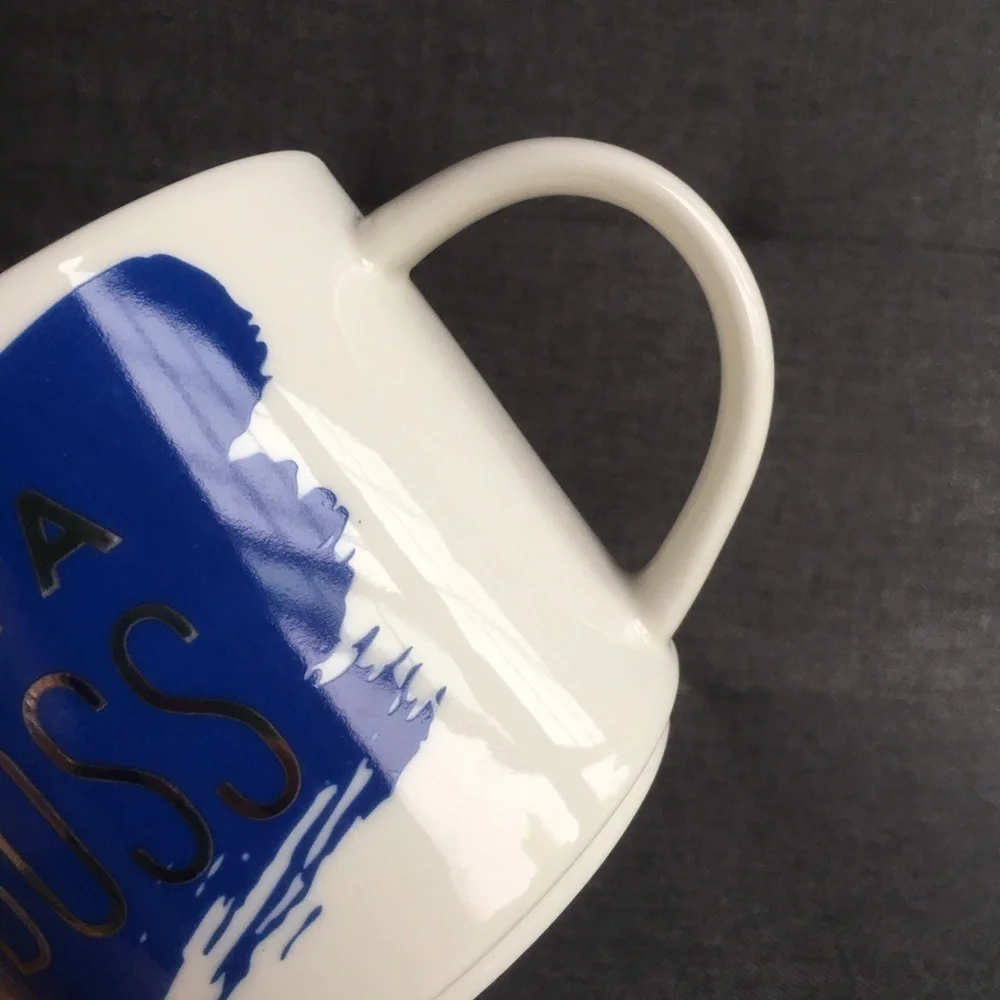 “LIKE A BOSS” Coffee Mug, White, Navy Blue, Gold Foil, 15 oz